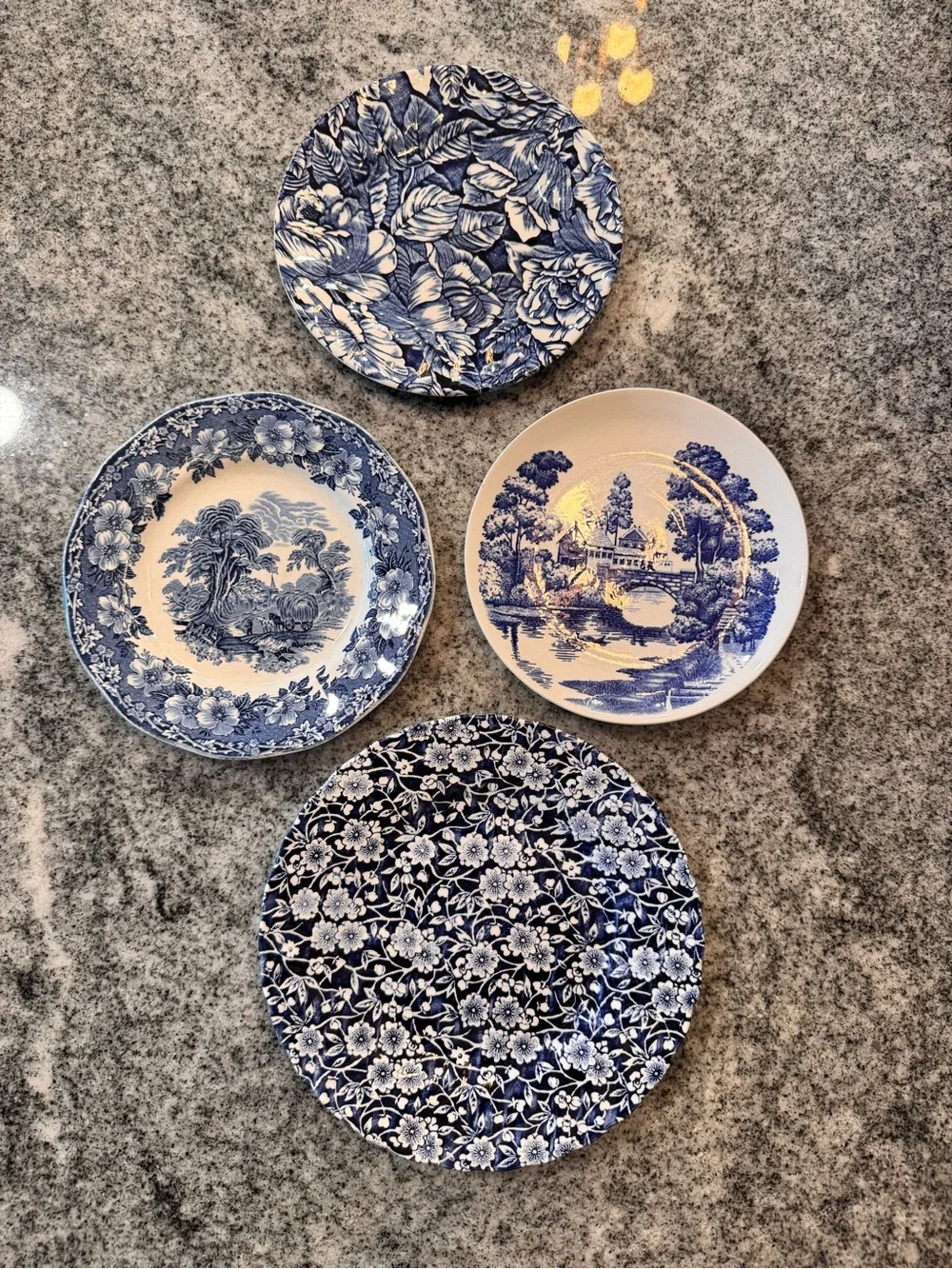 Blue and White Floral Porcelain Dinner Plates - Set of 4